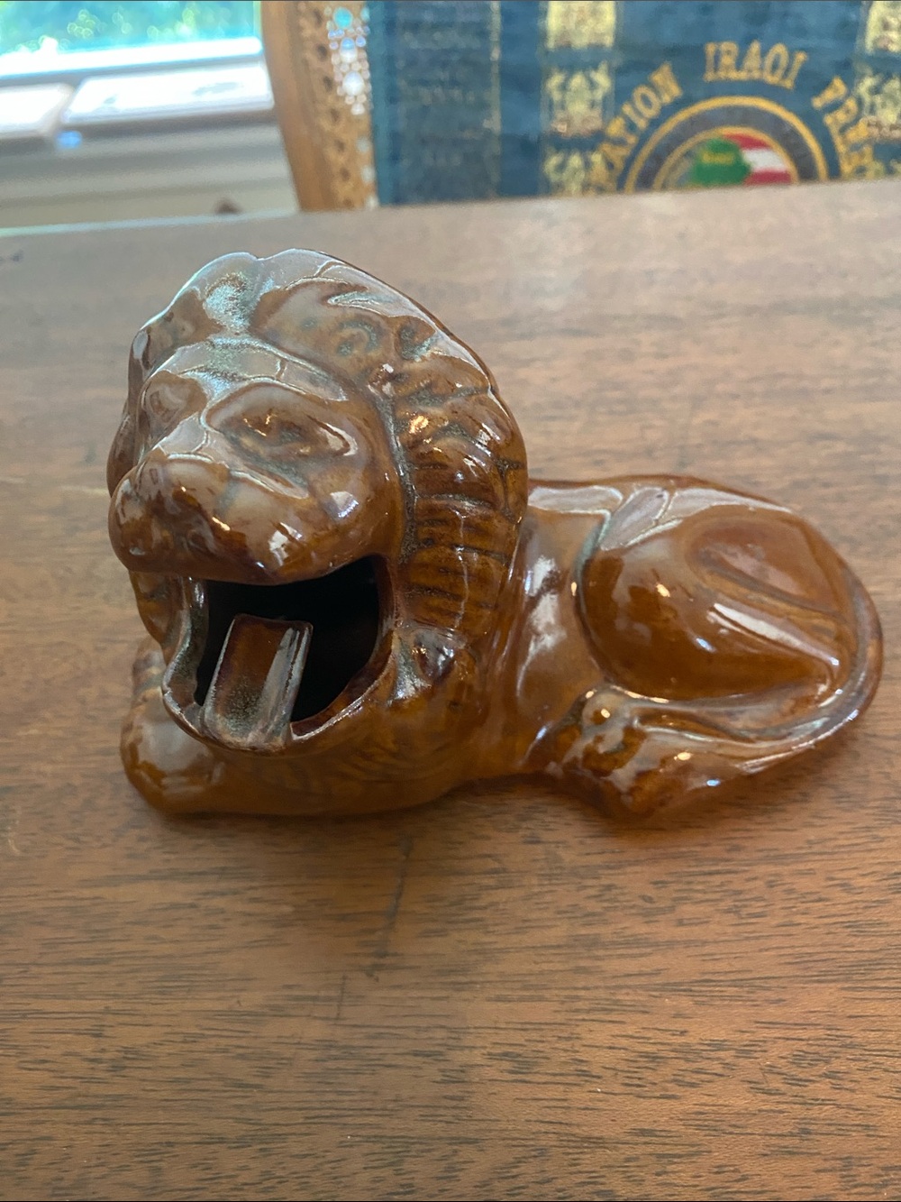 Vintage Glossy Brown Ceramic Lion Ashtray